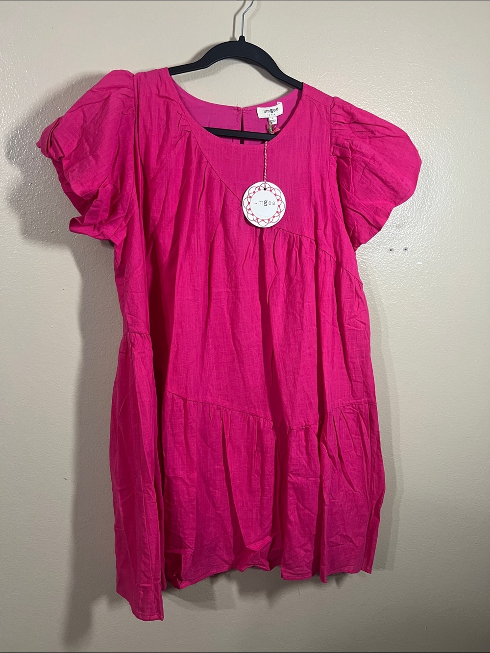 Umgee Hot Pink Tiered Mini Dress with Puff Sleeves